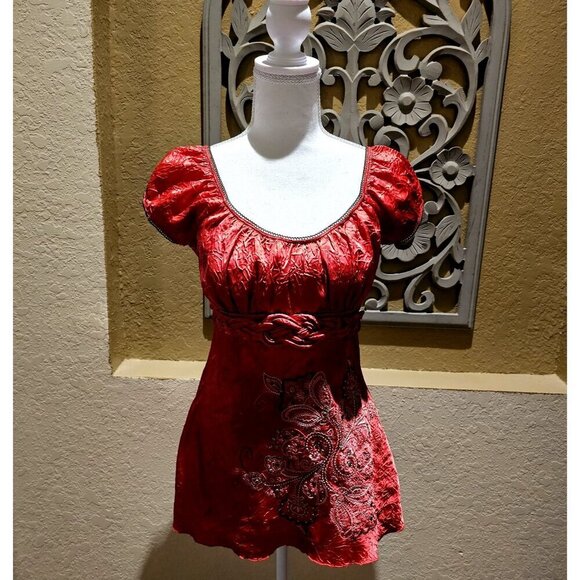 Red M Pinup Peasant Paisley Embroidered Y2K Grunge Vintage Punk Whimsgoth Top - Picture 1 of 14